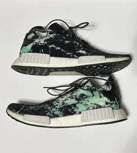 adidas NMD R1 Primeknit Mens 10.5 Black Marble Aero Green Sneakers Running EUC - Picture 1 of 7