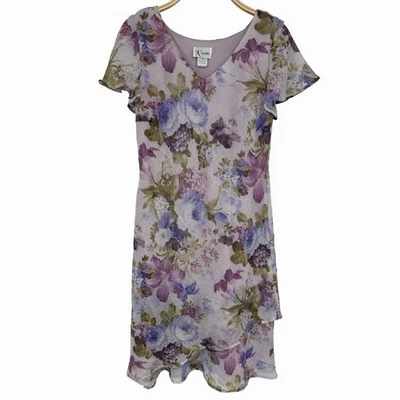 复古 K Studio 连衣裙 12 码紫色花卉雪纺短袖 Midi Fairycore — 第 1/4 张图片