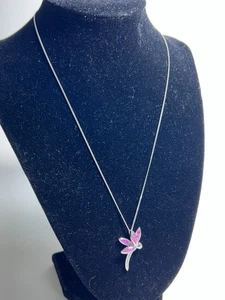 Collar Libélula Ópalo Rosa Italia Plata de Ley 925 Vintage 18" Largo Marcado - Imagen 1 de 6