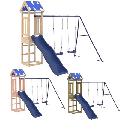 Spielturm mit Rutsche Schaukel Kletterwand Massivholz Spielplatz Klettergerüst - Bild 1 von 4