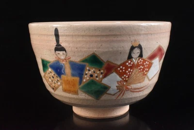 F5486: Japanese Kiyomizu-ware Colored porcelain Gold paint -ningyo DOLL TEA BOWL - Image 1 of 4