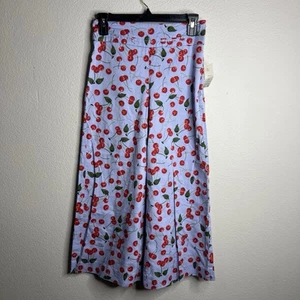 Maeve Anthropologie Womens Petite 0P Wide Leg Pants Capris Cherry Print Blue NWT - Picture 1 of 9
