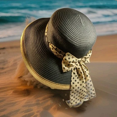 **Wallaroo Julia** Sombrero de ala superior negro con banda de gasa a lunares ~ ala ancha ~ logotipo Foto 1 de 4