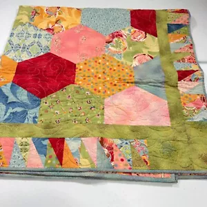 handmade lap quilt hexagon green cotton floral rustic primitive - Picture 1 of 15