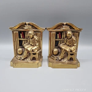 Vintage Pair of 2 Philadelphia Mfg Co Gold Tone Metal Scholar Monk Bookends - Picture 1 of 12
