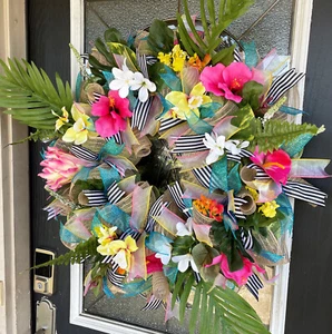 XL Hawaiian Tropical Beach Pool Summer Deco Mesh Front Door Wreath Porch Decor - Picture 1 of 9