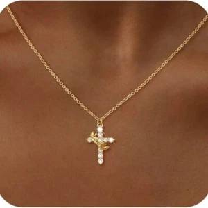 Collar colgante de cruz corona enchapado en oro de 14K para mujer collares simples de oro de diamantes - Imagen 1 de 13