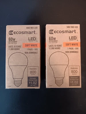 2 pack Ecosmart LED A19 60W Light Bulbs Soft White NON DIM 800 Lumens NEW - Image 1 of 4