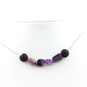 Necklace Charoite Pearls from Russia + Lava 8 mm. Steel Chain Women Necklace - Picture 1 of 5