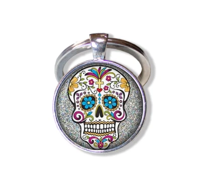 Sugar Skull Silver Tone Gothic - Handmade ROUND Glass Pendant Keychain KEY RING - Image 1 of 3