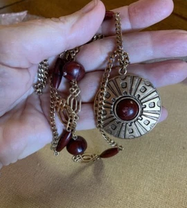 Vintage Sarah Coventry Signed Pendant & Necklace Gold Tone 70's Aztec Boho - Picture 1 of 8