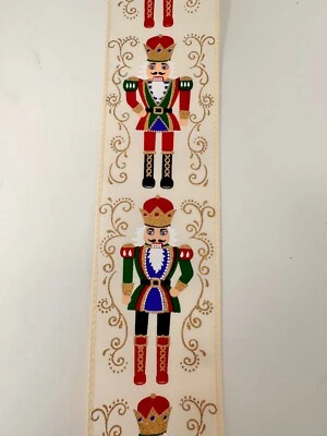 Cream Nutcracker Wired Christmas Ribbon with Gold Accents 2.5" x 10 Yards, NEW - Image 1 of 4