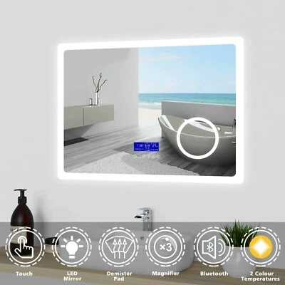 SURFING Bathroom Mirror LED Illuminated Lights with Bluetooth Speaker Clock Demister Pad