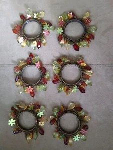 Set of 6 Pier 1 Beaded Copper Wire Napkin Ring Flower Sequin Beads Fall Colors - Picture 1 of 8