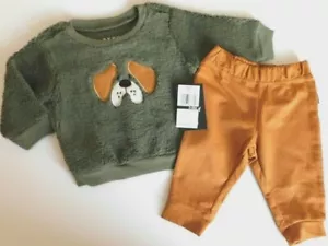 DKNY Baby Boy Shirt Pants Green Brown Size 0-3M Fleece Embroidery Dog Face New - Picture 1 of 4