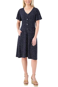 Susan Graver Printed Liquid Knit Button Front Dress Navy Dot - Picture 1 of 1