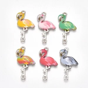 10 Mixed Stunning Flamingo Silver Tone Charm Connectors with Enamel Detail - Picture 1 of 2