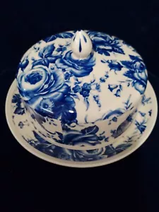 BLUE ROSE Transfer & WHITE Round Cheese/Butter Dish/ Dome=15.5cmD x 6cmDeep - Picture 1 of 7