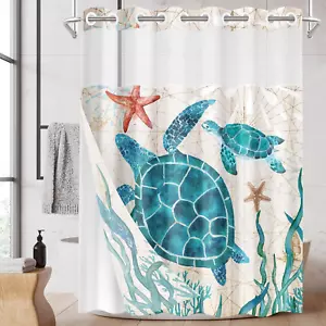 No Hook Sea Turtle Shower Curtain with Snap in Fabric Liner Set, Tropical Summer - Picture 1 of 7
