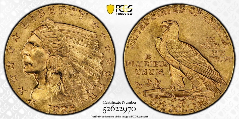 1925 D Gold Quarter Eagles $2 1/2 Indian Head PCGS MS-64+ CAC - Image 1 of 1