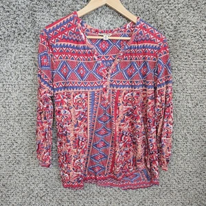 Lucky Brand Top Womens Medium Red Boho V Neck Tee Casual Lightweight - Picture 1 of 7