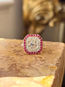 1,47 kt Asscher Diamant und Rubin Ehering in 14 Karat massivem Weißgold Größe 6/7 - Bild 1 von 11