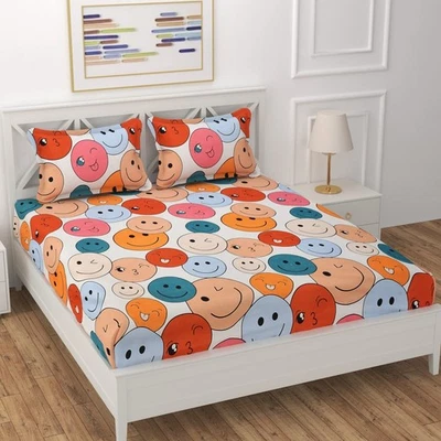 Microfiber Queen Size Circle Elastic Fitted Smiley Design Bedsheet code 227 - Image 1 of 3