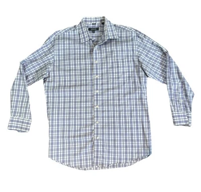 Camisa Kenneth Cole Reaction blanca sin hierro con botones a cuadros morados -XL Foto 1 de 4