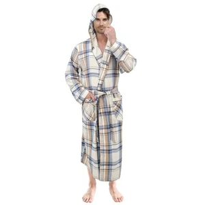 Mens Full Length 55% Cotton Flannel House Robe w/Hood 2XLarge/3XLarge Big Plaid - Picture 1 of 3