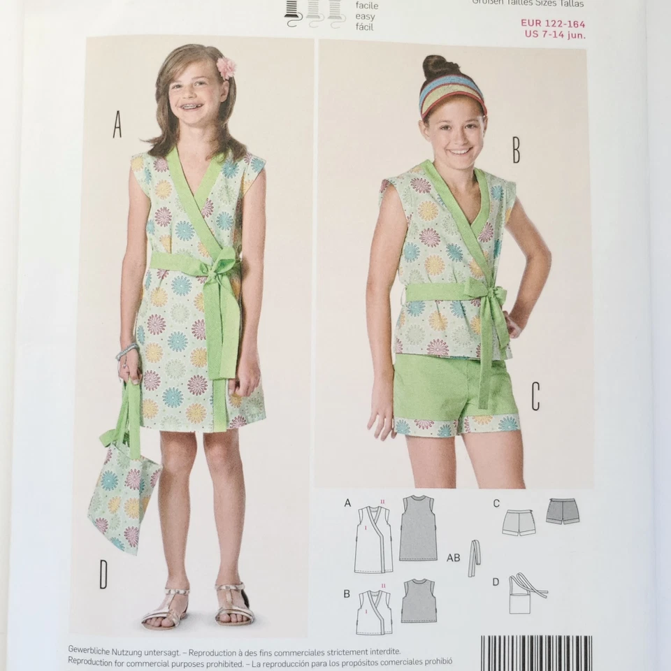 90s Burda Pattern 9445 Girls Dress Shirt Faux Wrap Cap Sleeve V Neck Shorts - Image 1 of 3