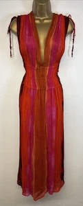 Zara Maxi Dress Red Pink Tie Dye Crinkly Tie Tassel V Neck Hippie Boho M UK 12 - Picture 1 of 21