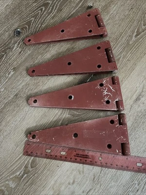 Lote de 4 bisagras antiguas vintage de granero, cobertizo, puerta de cabina con pintura roja Foto 1 de 4