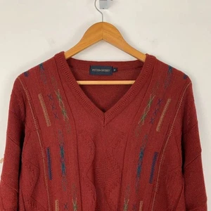 Vintage 90s Peter Gribby Jumper Mens Medium Red V-Neck Wool Blend Dadcore - Picture 1 of 10