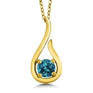 0.70 Ct Round London Blue Topaz 18K Yellow Gold Plated Silver Pendant With Chain - Picture 1 of 3
