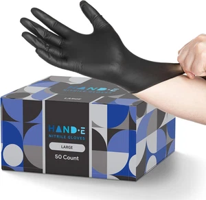 Guantes desechables Hand-E Touch de nitrilo negro grandes, 50 unidades - barbacoa, tatuaje, cabello - Imagen 1 de 7