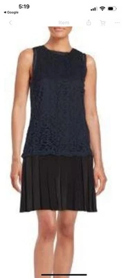 Vestido plissado de renda sem mangas Rebecca Taylor forrado de seda azul marinho preto tamanho 10 - Imagem 1 de 4