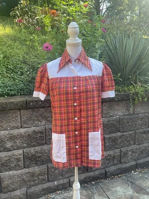 Vintage Sears 70s Lunch Lady Smock Tunic Top Collar Plaid Size Medium M - Image 1 of 4