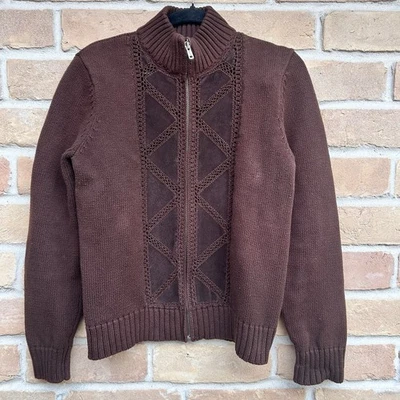 Cardigã Y2K Ralph por Ralph Lauren zíper completo marrom crochê geométrico grande - Imagem 1 de 4