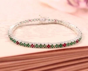 8.Ct Round Cut Natural Ruby & Emerald Women tennis Bracelet 925 Sterling silver - Picture 1 of 5