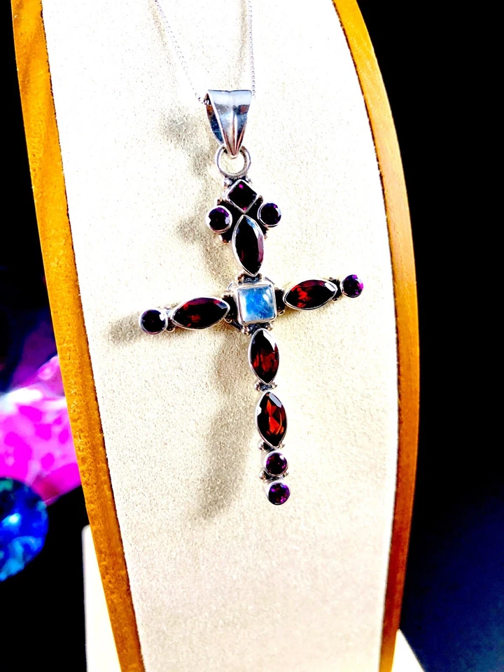 NICKY BUTLER 925 STERLING CHAIN NECKLACE GARNET AMETHYST MOONSTONE CROSS PENDANT - Image 1 of 4