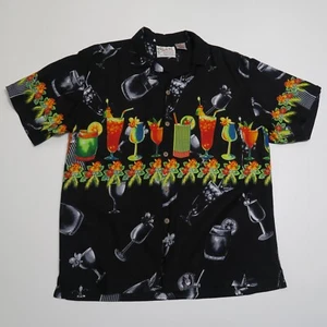 Thumbs Up Button Front Hawaiian Aloha Shirt Mens M Black Cocktails Short Sleeve - Imagen 1 de 13