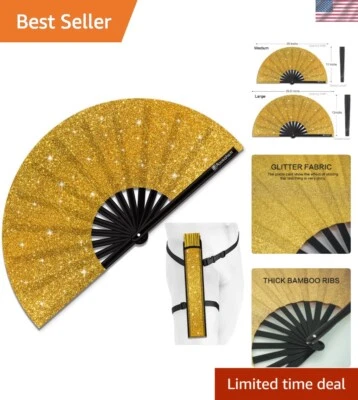 Ventilador de mano plegable Rave de bambú grande brillante con funda - Perfecto para festivales Foto 1 de 4
