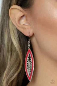 Paparazzi ~ Leather Lagoon Red Leaf Dangle Earrings - Picture 1 of 2