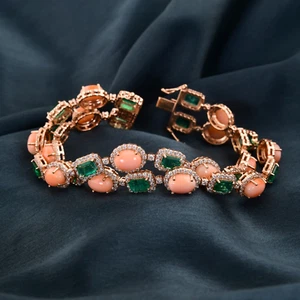 Zambian Emerald Coral Gemstone SI/H Diamond Bracelet 18k Rose Gold 33.15 Tcw - Picture 1 of 11
