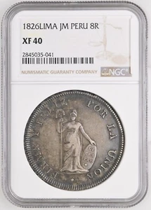 CORONA DE PLATA PERÚ 8 REALES 1826 ENSAYADOR LIMA JM NGC XF 40 KM #142.1 - Imagen 1 de 4