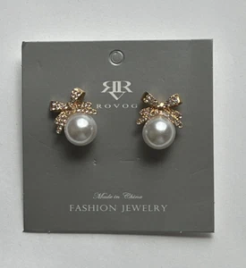 GOLD TONE PEARL RHINESTONE BOW DANGLE STUD EARRINGS - Picture 1 of 1