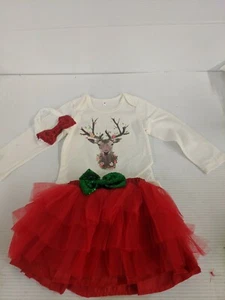 Baby Girl 3 Pc Long Sleeve Christmas Outfit With Tutu and Hairbow. 12-18 Months. - Picture 1 of 4