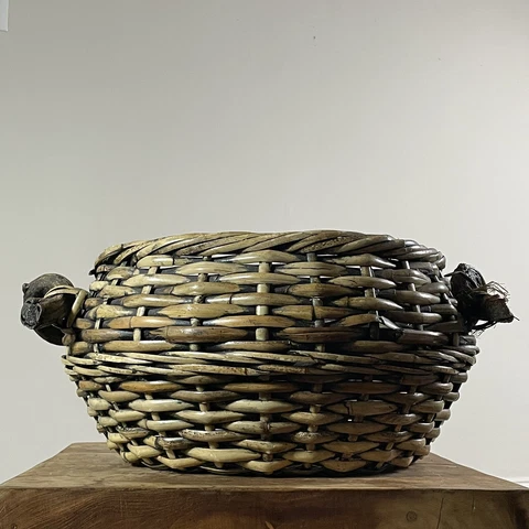 Vintage African Woven Basket with Corkscrew Branch Handles Cover
