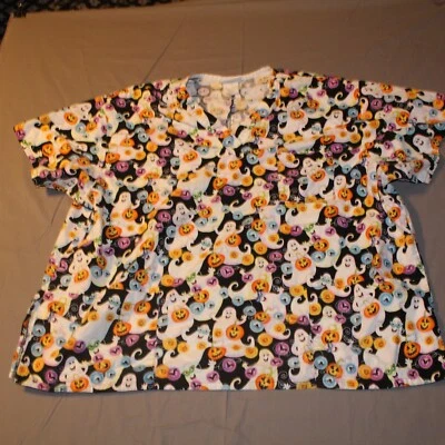 Peaches Uniforms Scrub Top XL Multicolor Halloween print ghosts Shirt V-Neck - Image 1 of 4