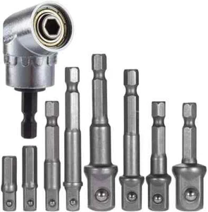 9 Pcs Socket Adapter Impact Hex Shank Drill Bits Set 1/4" 3/8" 1/2" Right Angle - Picture 1 of 8